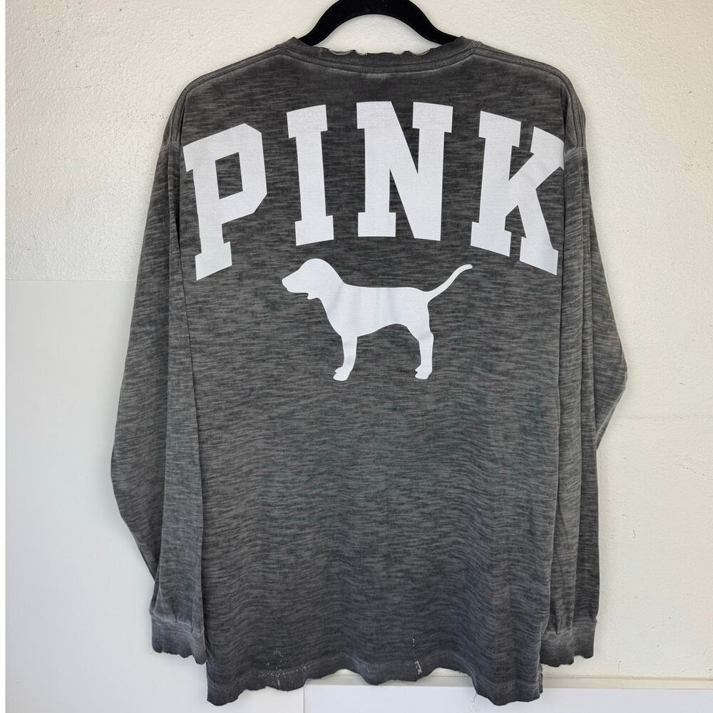 Victoria's Secret PINK Long Sleeve Distressed Heathered Charcoal T-Shirt Large